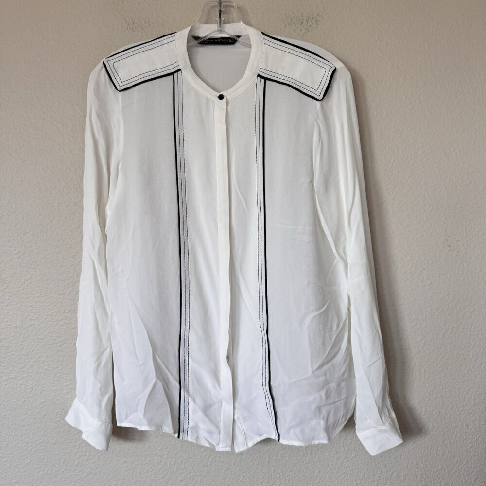 Zara White Black Contrast Crepe Collarless Button Up Blouse Medium Office Siren